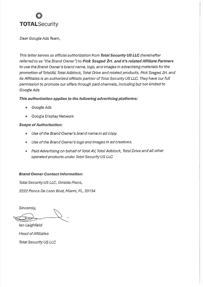 Eingescanntes Autorisierungsschreiben von Total Security US LLC, das Pick Szeged Zrt. als autorisierten Affiliate-Partner benennt, unterzeichnet von Ian Leighfield, Head of Affiliates